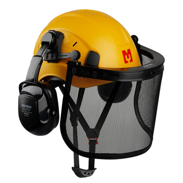 Mustbau Motorsägen-Sicherheitshelm, Schutzhelm mit Geräuschdämpfungsmuscheln und Netzvisier, verstellbar,Gelb